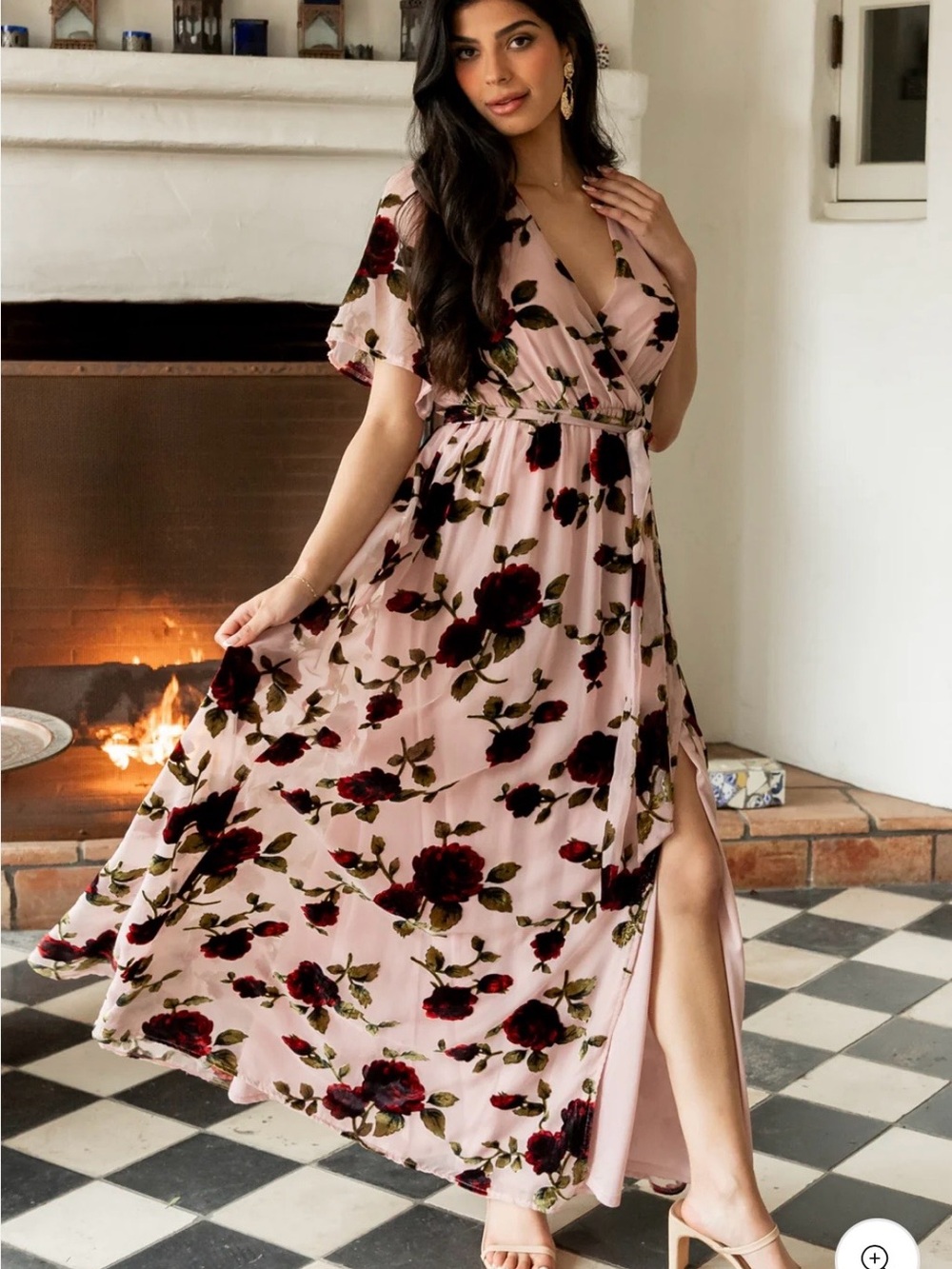 Baltic Born Parisian Velvet Blush Pink Floral Wrap Maxi Dress with Wine Blooms - Picture 9 of 9